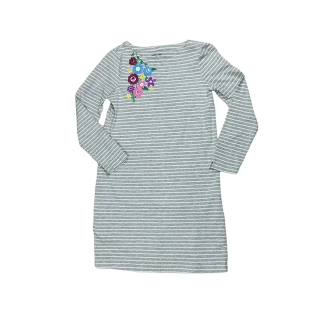 Lands' End Girls Floral Sequin Striped T-shirt Dress, M, Excellent Condition